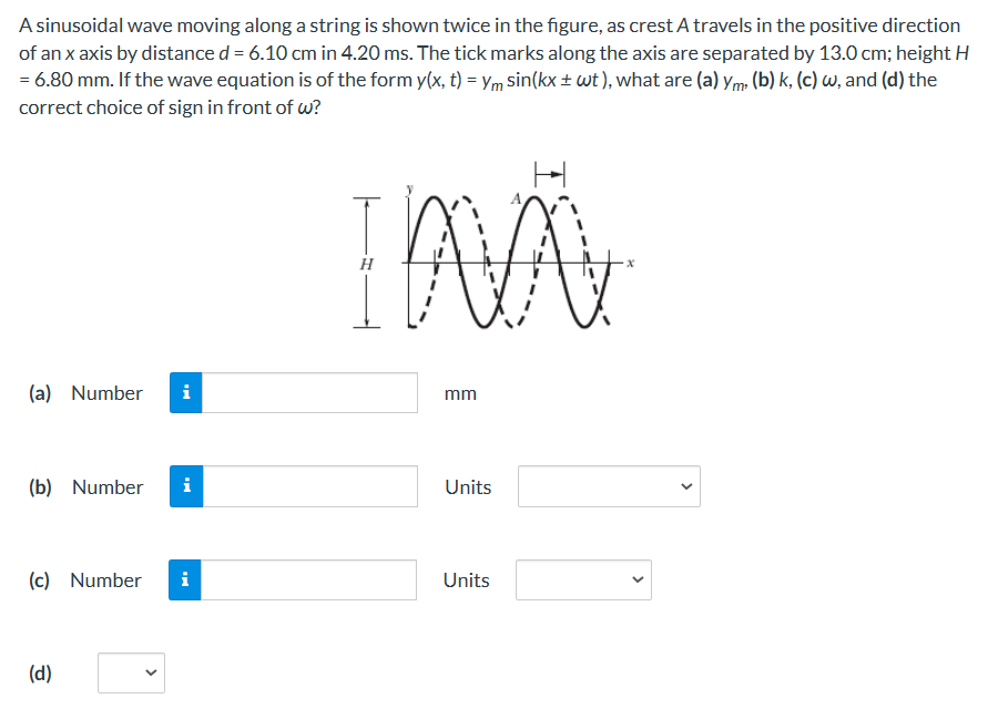 A sinusoidal wave moving along a string is shown twice in the figure, as crest \( A \) travels in the positive direction of a