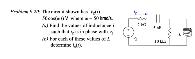 Solved Problem 9.20: The circuit shown has vg(t)= 50cos(ωt)∨ | Chegg.com