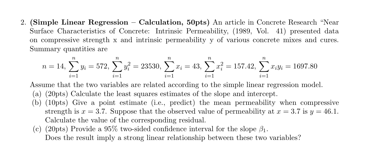 Solved 2. (Simple Linear Regression – Calculation, 50pts) An | Chegg.com