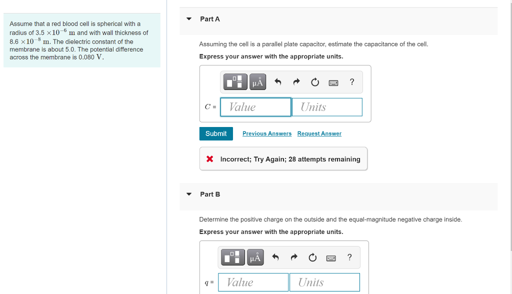 Solved Part A Assume that a red blood cell is spherical with | Chegg.com