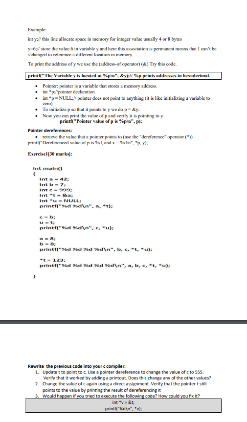 Solved Example: int y;// this line allocate space in memory | Chegg.com