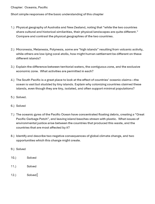 Solved Chapter: Oceania, PacificShort simple responses of | Chegg.com