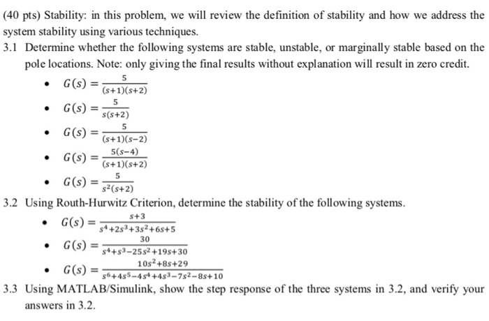 Stability Problems Solved (40 pts) Stability: in this problem, we will review | Chegg.com