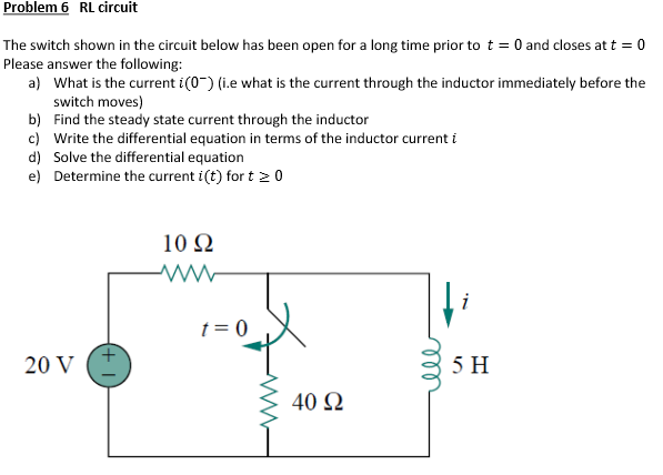 Solved Problem 6 RL circuit The switch shown in the circuit | Chegg.com