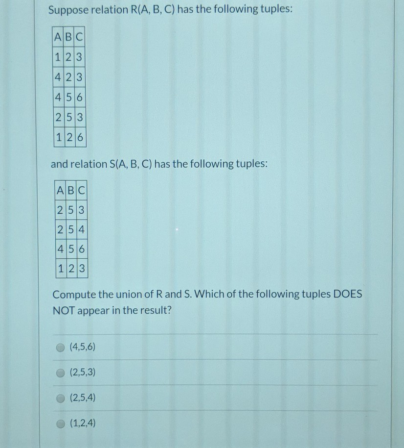 Solved Suppose relation R(A, B, C) has the following tuples: | Chegg.com