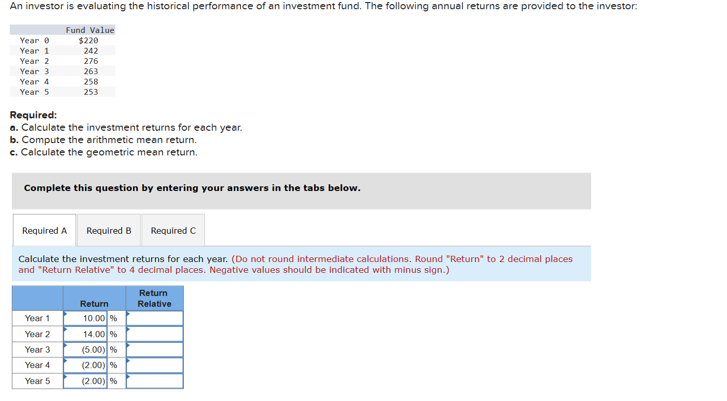 Solved Required: A. Calculate The Investment Returns For | Chegg.com