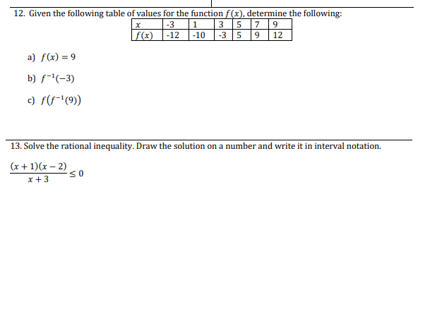 Solved 12. Given the following table of values for the | Chegg.com