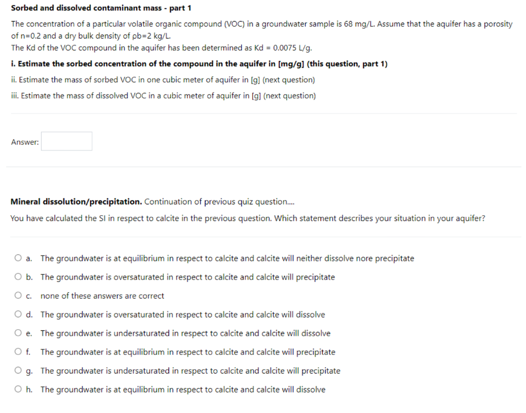 Solved Sorbed And Dissolved Contaminant Mass - Part 1 The | Chegg.com