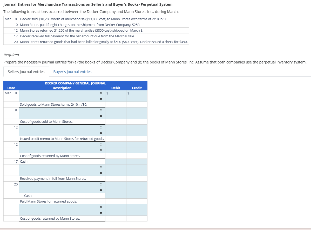 Solved Journal Entries for Merchandise Transactions on
