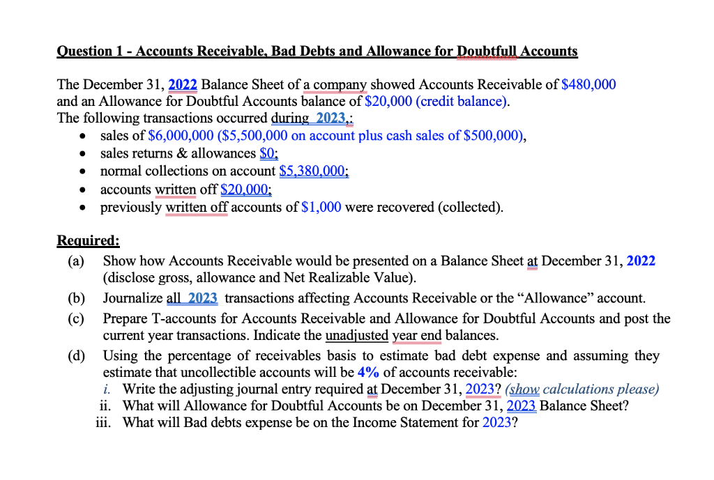 Solved Question 1 - Accounts Receivable, Bad Debts and | Chegg.com