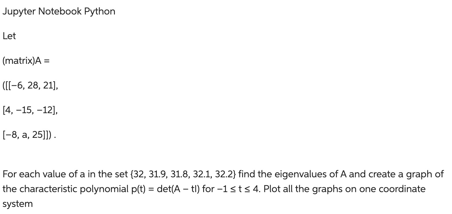 Solved Jupyter Notebook Python Let ( matrix) A= ([−6,28,21] | Chegg.com