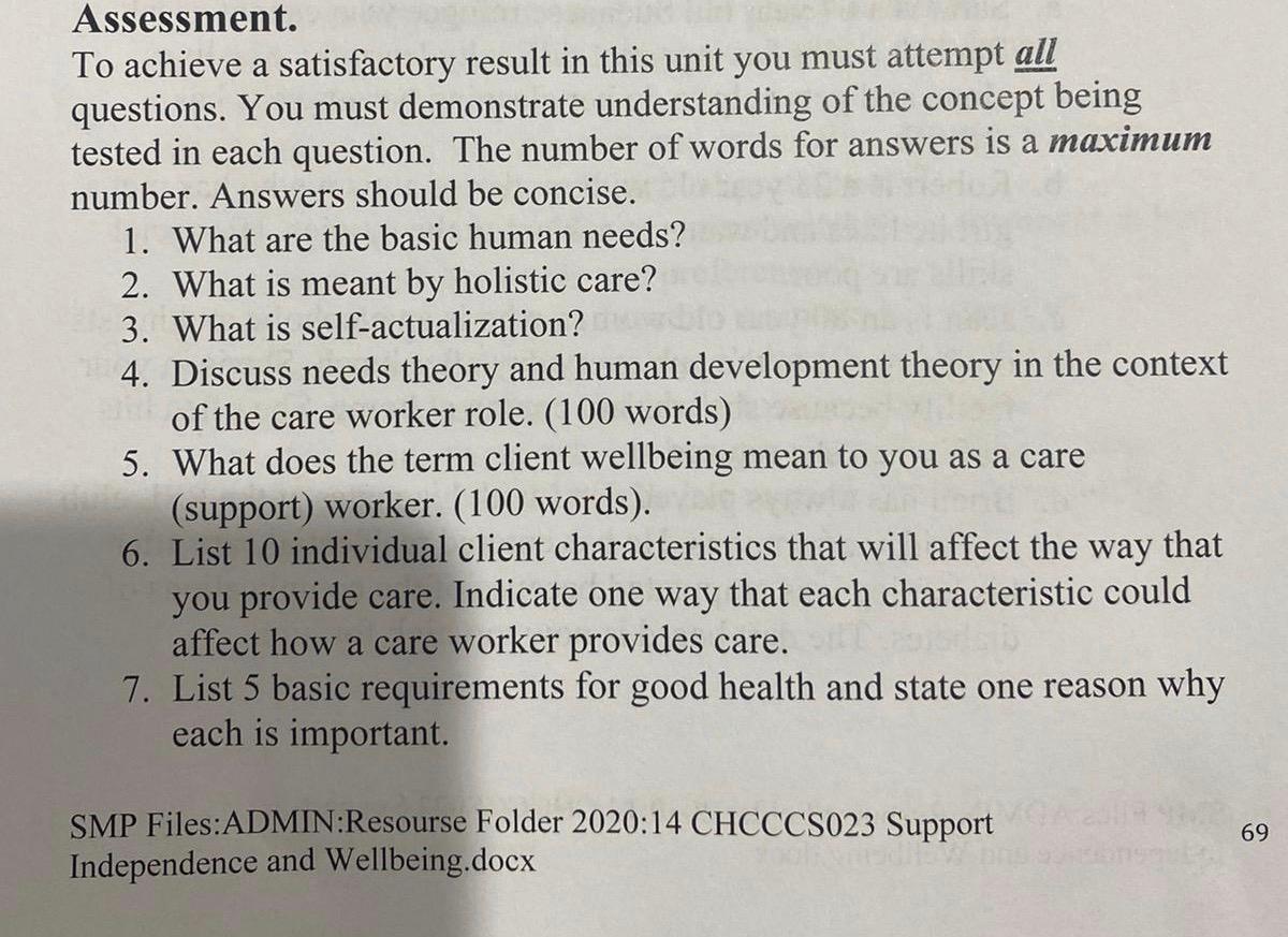 Assessment. To achieve a satisfactory result in this unit you must attempt all questions. You must demonstrate understanding