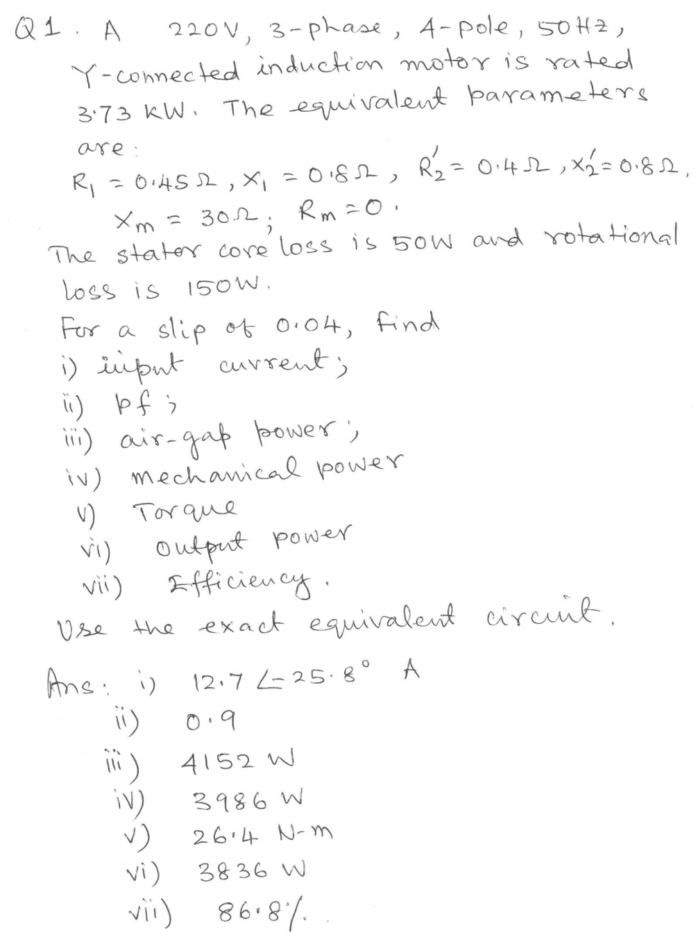 Solved Q1. A 220V, 3phase, 4pole, 50 Hz, Yconnected 