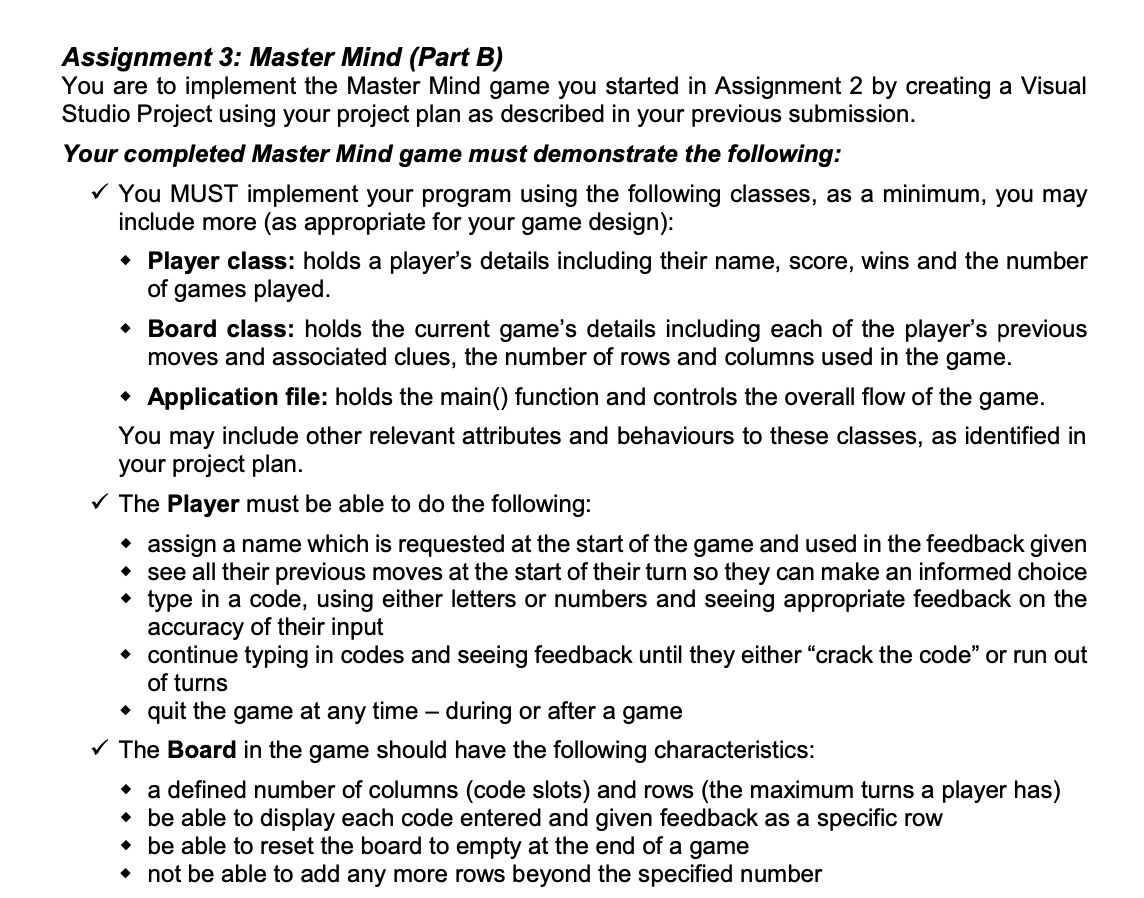 Assignment 3 Master Mind (Part B) You are to