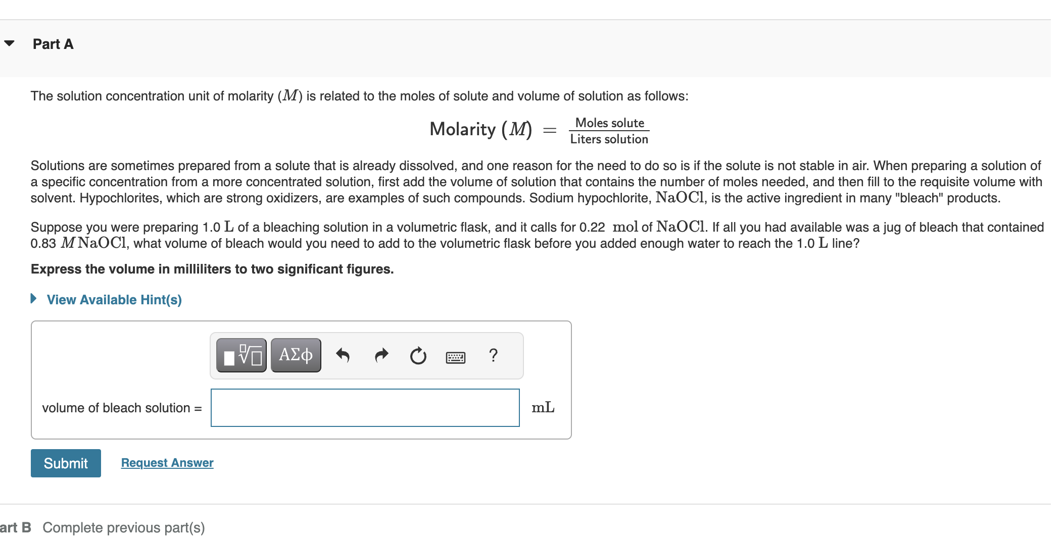 Solved Molarity (M)= Liters solution Moles solute | Chegg.com