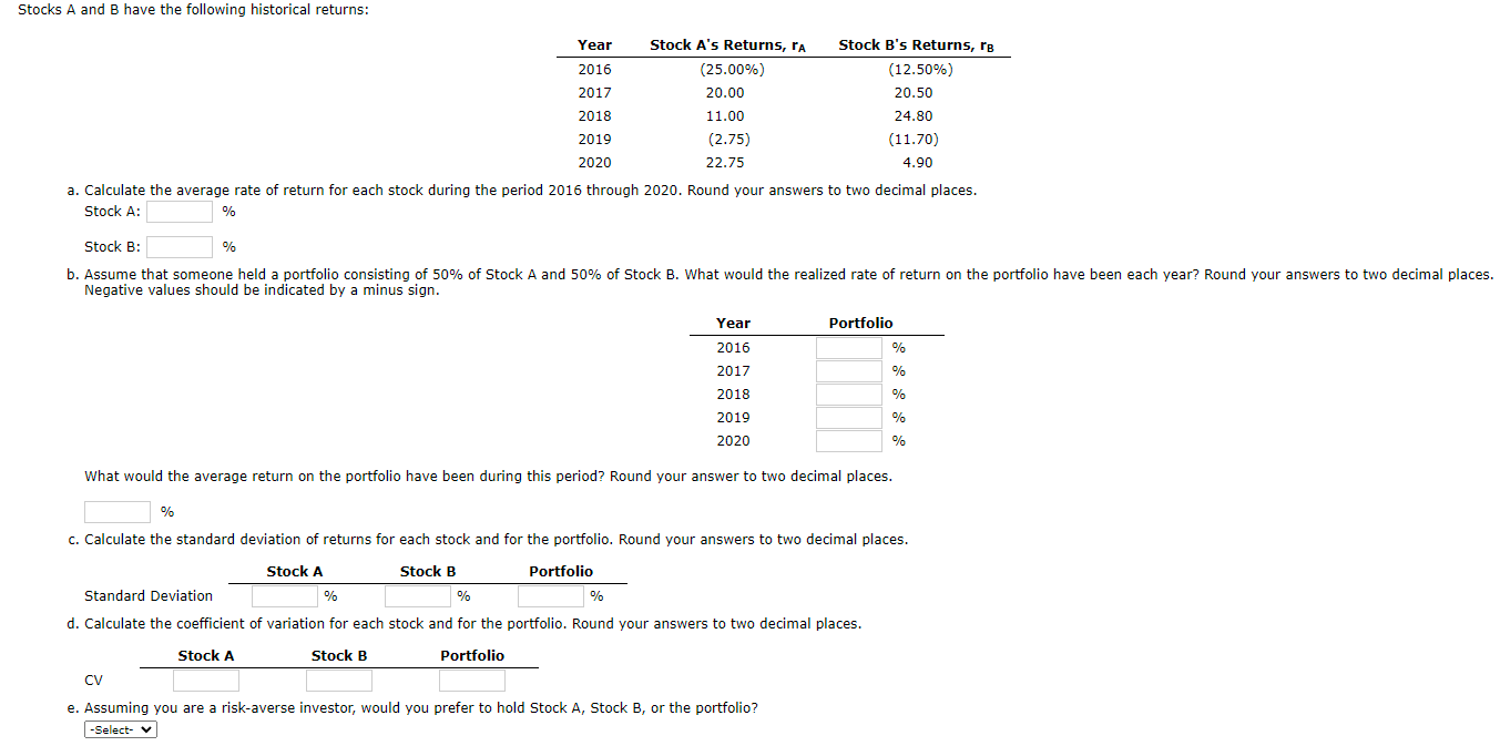 Solved Stocks A And B Have The Following Historical Returns: | Chegg.com