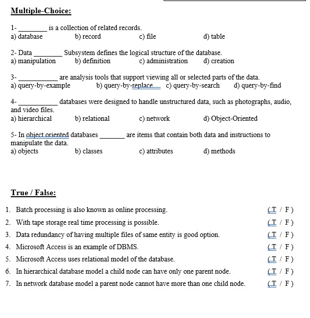 Solved 1− Is A Collection Of Related Records. A) Database B) | Chegg.com