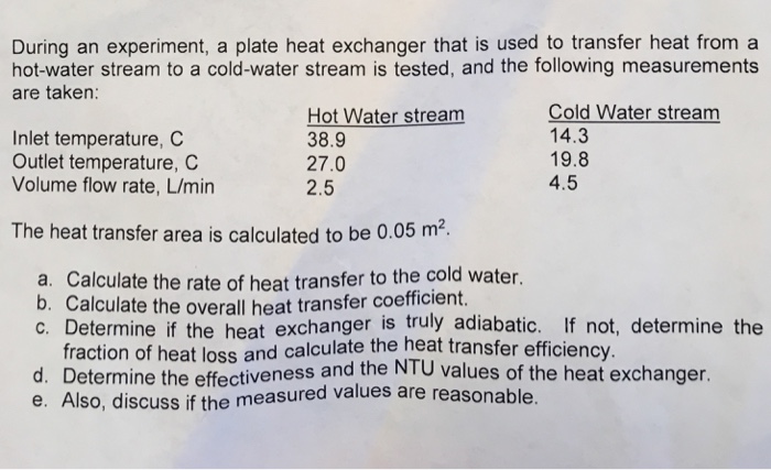 Solved During an experiment, a plate heat exchanger that is | Chegg.com