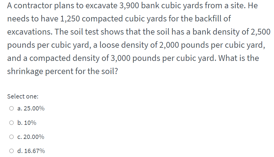 Solved A contractor plans to excavate 3,900 bank cubic yards