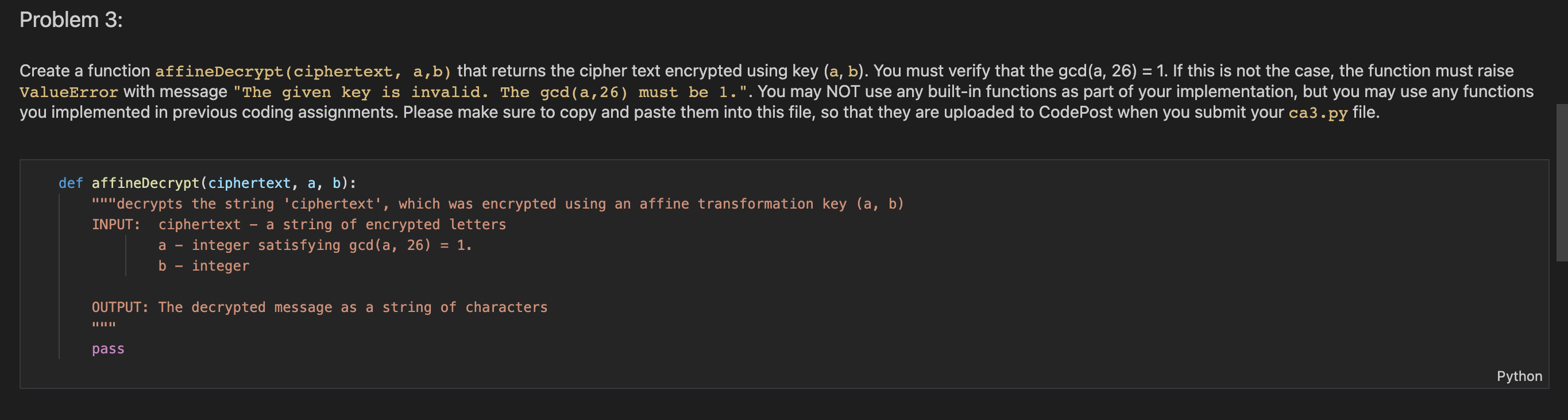 Solved Problem 2: Create a function affineEncrypt(text, a,b) | Chegg.com