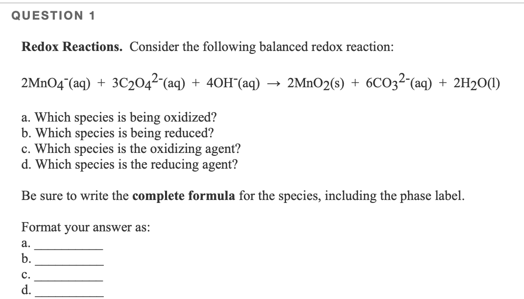 Solved QUESTION 1 Redox Reactions. Consider the following | Chegg.com
