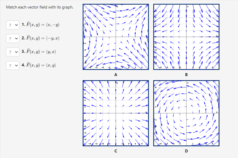 Match each vector field with its graph. 1. \( \vec{F}(x, y)=\langle x,-y\rangle \) 2. \( \vec{F}(x, y)=\langle-y, x\rangle \)