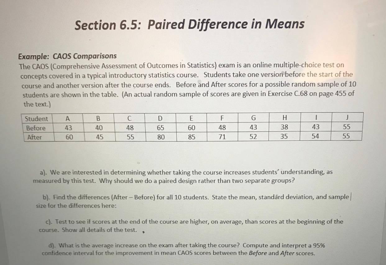 Solved Section 6.5: Paired Difference in Means Example: CAOS | Chegg.com
