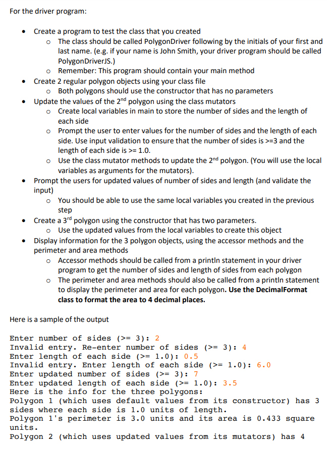 Solved Java Exercise 6 N-sided Regular Polygon Class and | Chegg.com