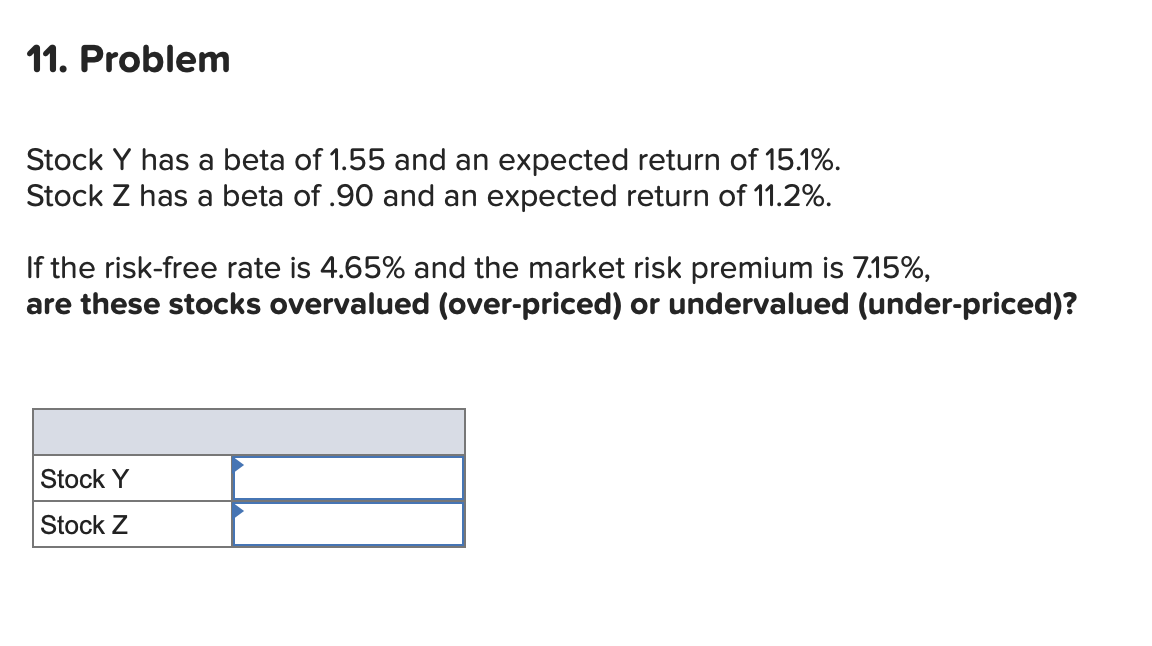 Solved 11. Problem Stock Y has a beta of 1.55 and an