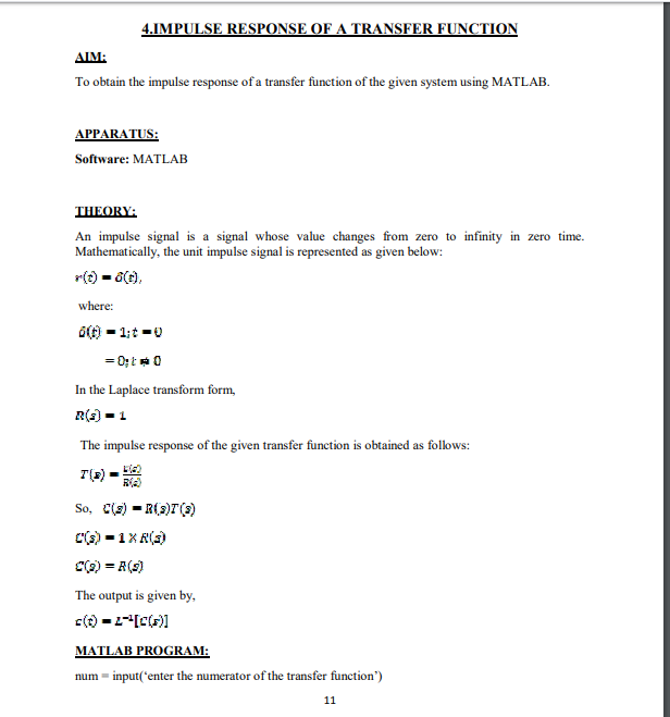 Solved 4.IMPULSE RESPONSE OF A TRANSFER FUNCTION AIM: To | Chegg.com