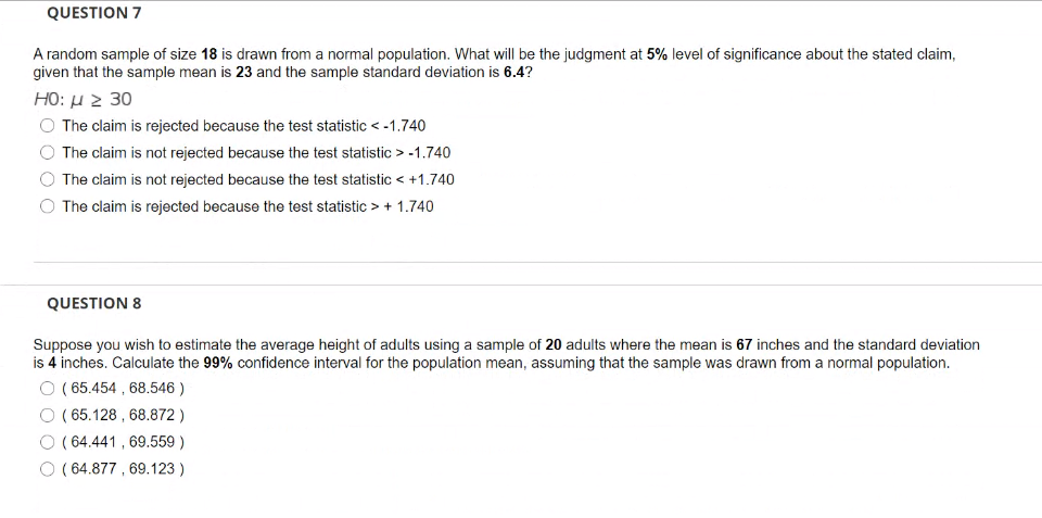 Solved QUESTION 7 A random sample of size 18 is drawn from a | Chegg.com
