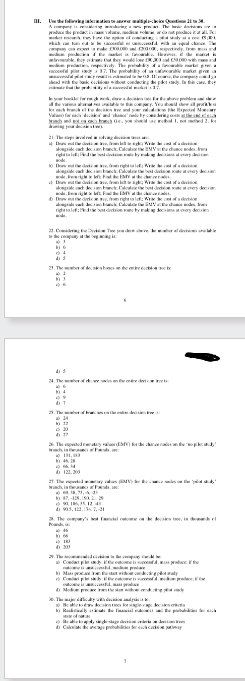 Solved III. Use the following information to answer | Chegg.com