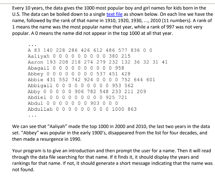 Solved Every 10 years, the data gives the 1000 most popular 