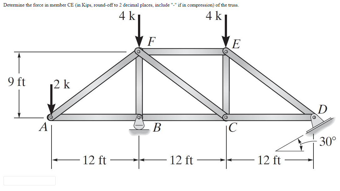 solved-determine-the-force-in-member-ce-in-kips-round-off-chegg