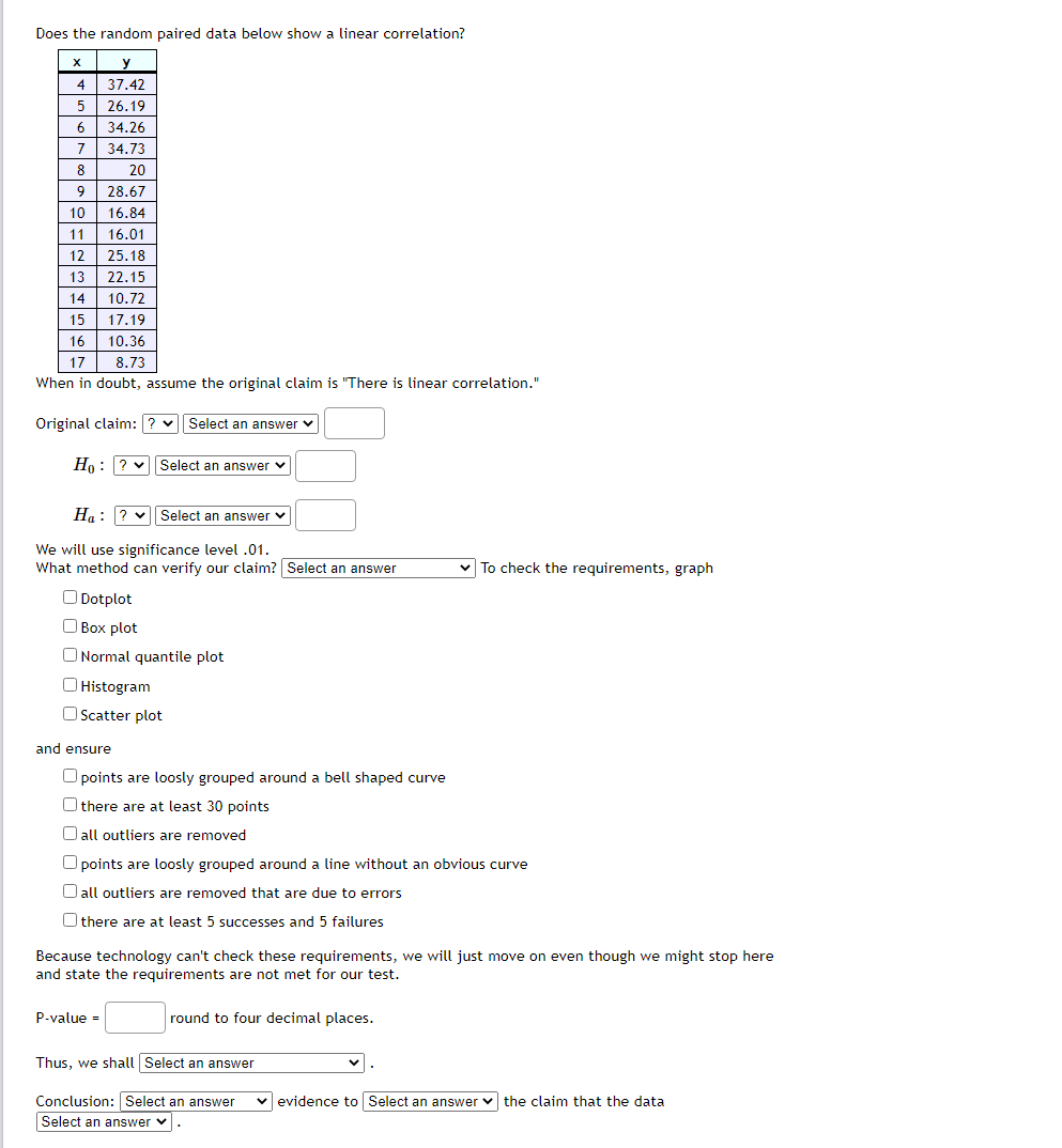 Solved Does the random paired data below show a linear | Chegg.com