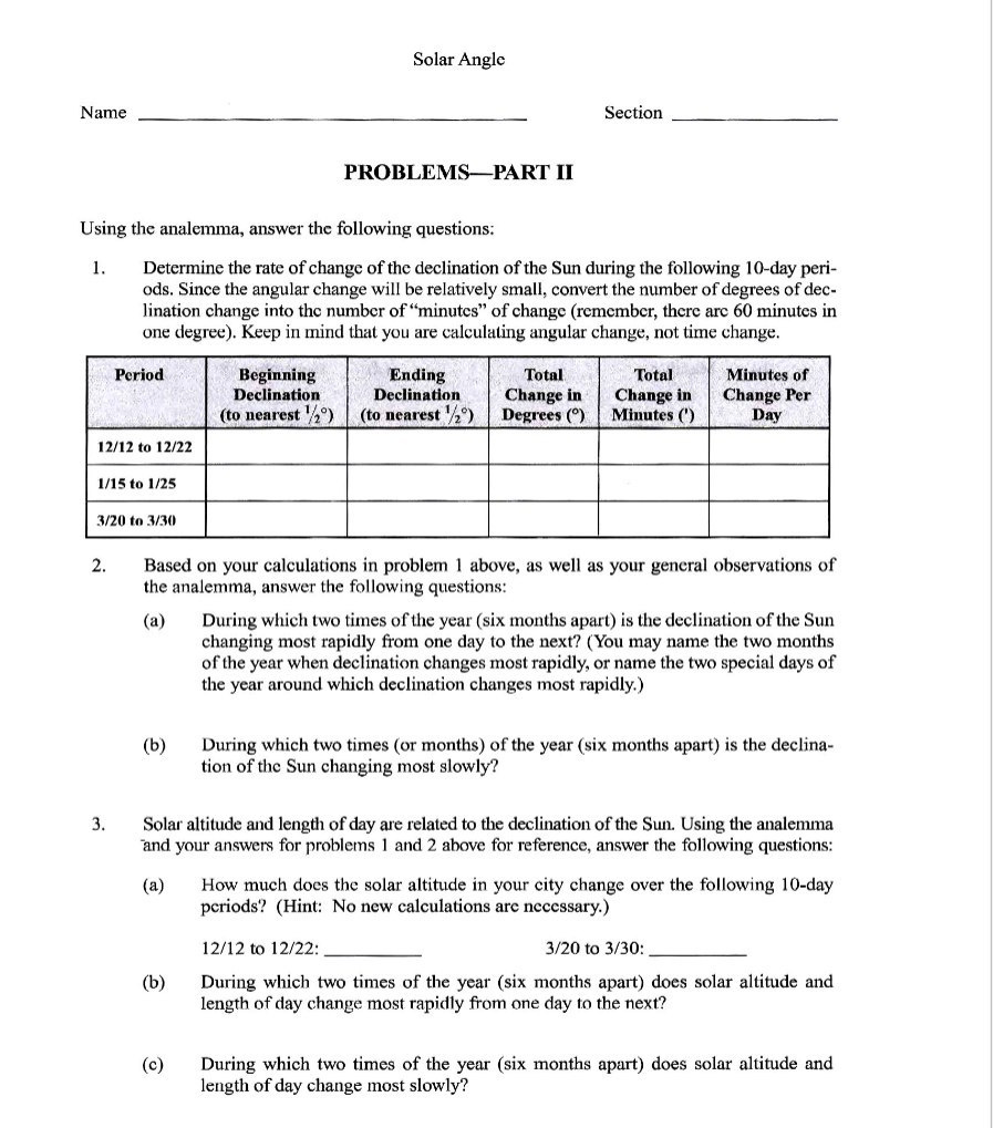 Solved Solar Angle Name Section Problemspart Ii Using The