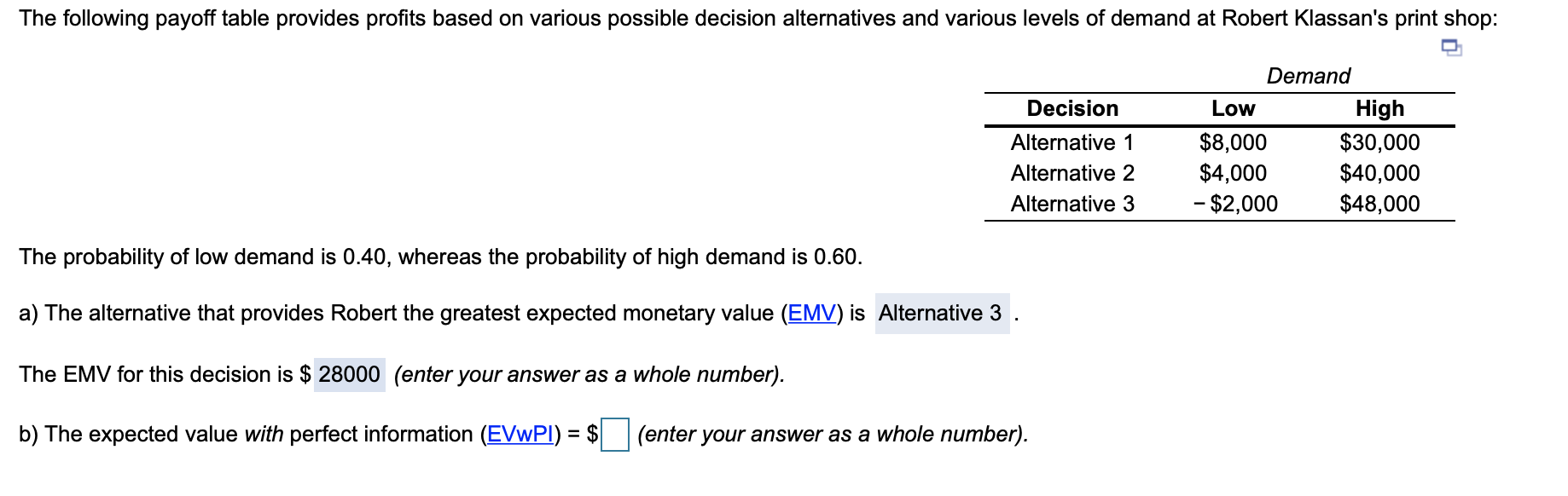 Solved The Following Payoff Table Provides Profits Based On 