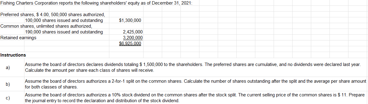 Solved Fishing Charters Corporation Reports The Following | Chegg.com