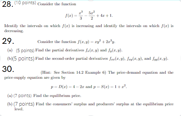Solved 28. (10 points) Consider the function 3 2 () + 40 +1. | Chegg.com