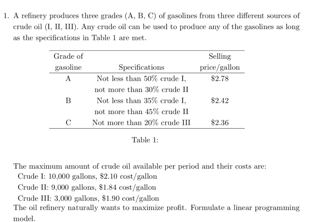 1. A refinery produces three grades (A, B, C) of | Chegg.com