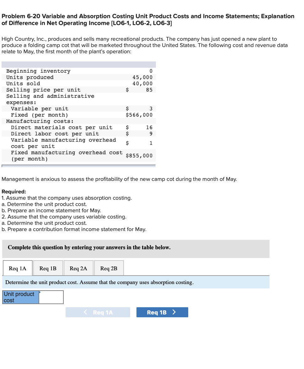 Solved Problem 6-20 Variable and Absorption Costing Unit | Chegg.com