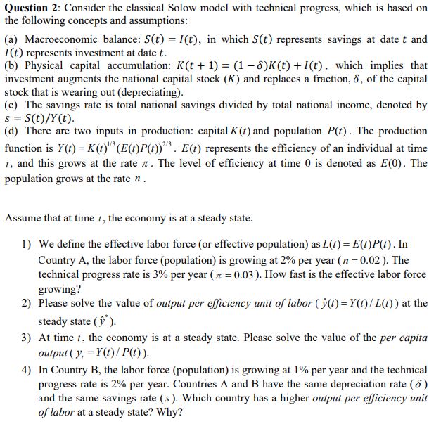 Solved Question 2: Consider the classical Solow model with | Chegg.com