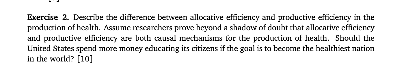 Exercise 2. Describe the difference between allocative efficiency and productive efficiency in the production of health. Assu