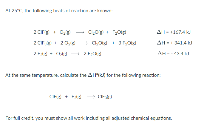 Solved At 25∘C, the following heats of reaction are known: | Chegg.com