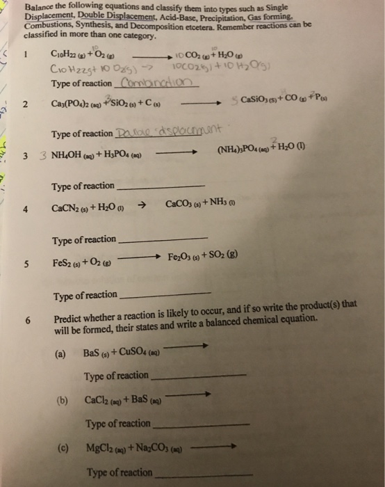 Solved Balance the following equations and classify them | Chegg.com