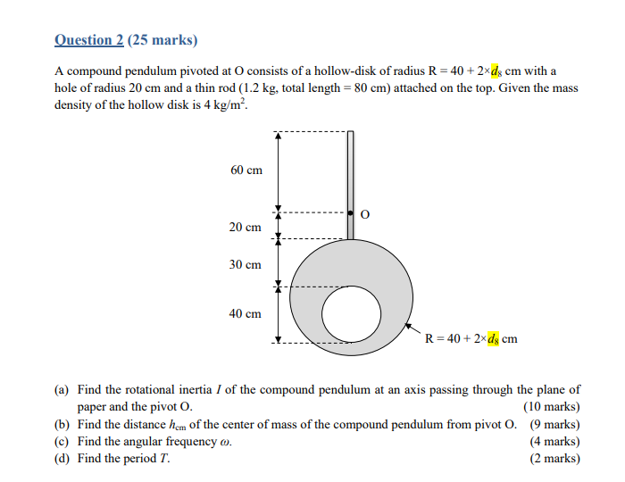 Solved Question 2 (25 marks) A compound pendulum pivoted at | Chegg.com