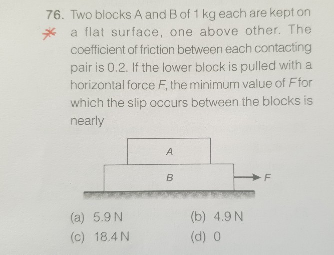 Solved 76. Two blocks A and B of 1 kg each are kept on * a | Chegg.com