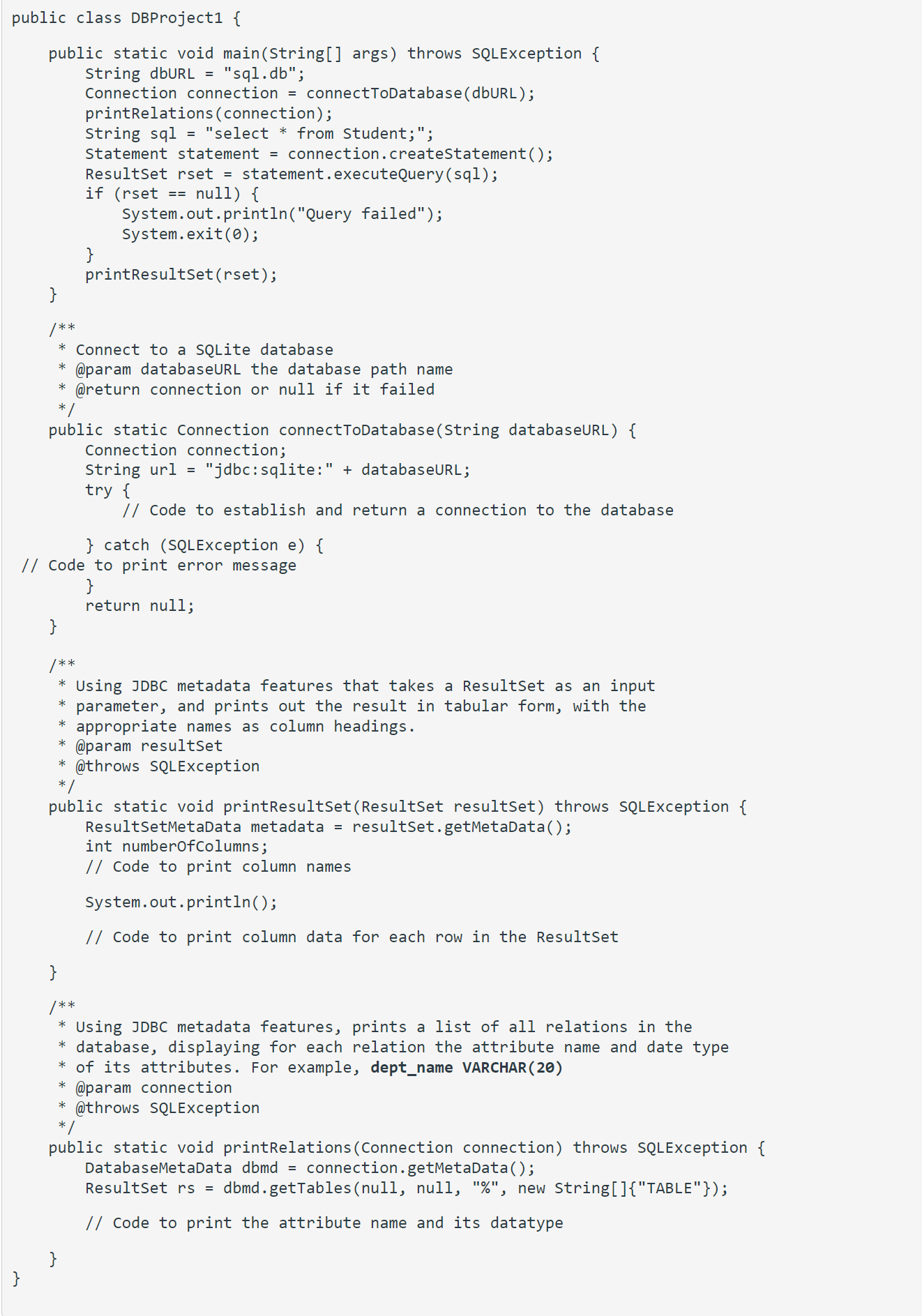 Solved public class DBProject1 {public static void | Chegg.com