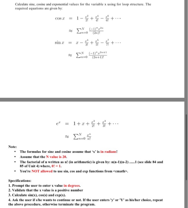 Solved Calculate sine, cosine and exponential values for the | Chegg.com