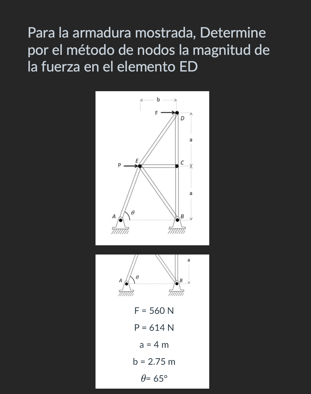 Para la armadura mostrada, Determine por el método de nodos la magnitud de la fuerza en el elemento ED \[ \begin{array}{c} F=